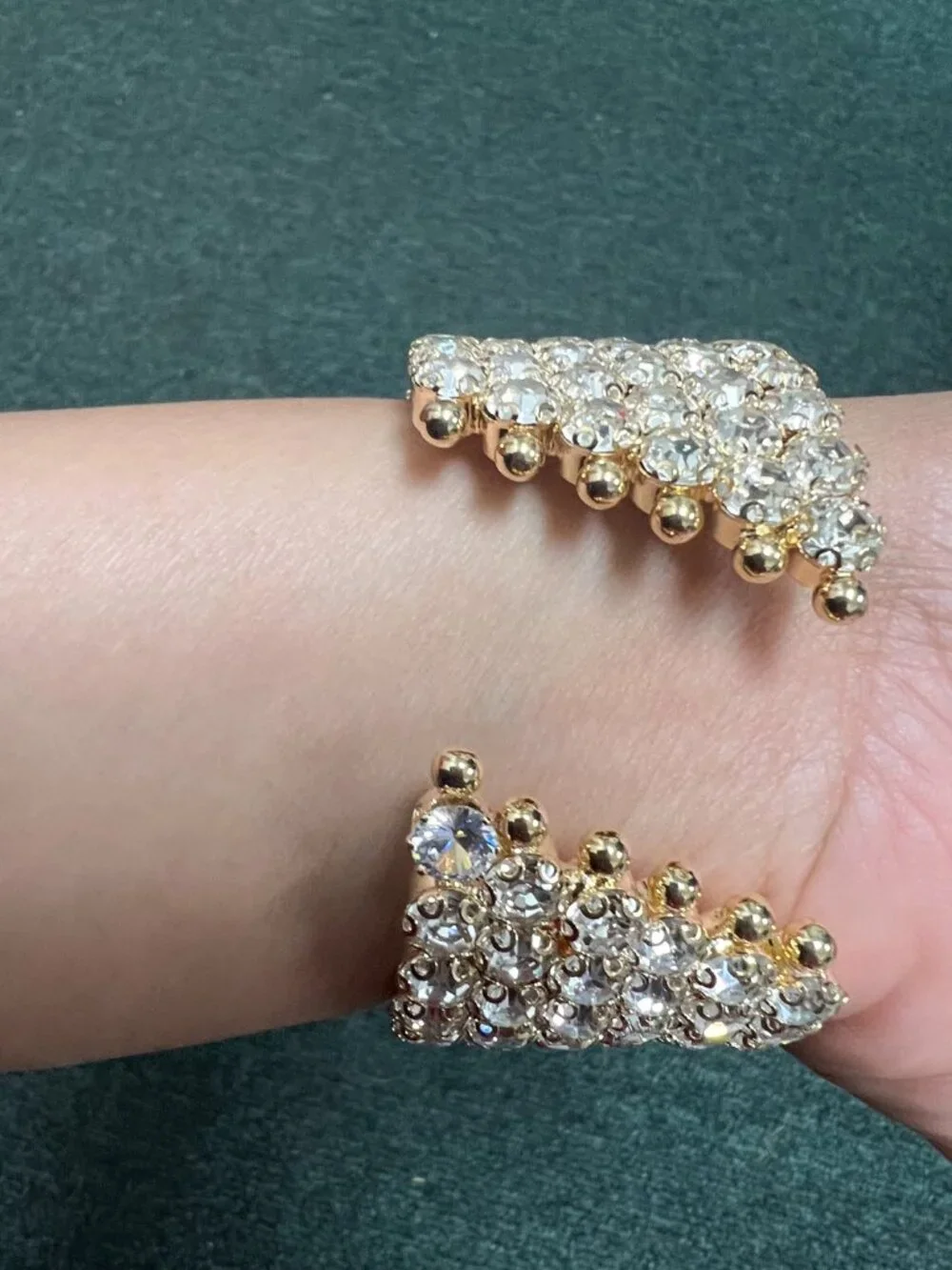 Gold Tone Clear Rhinestone Wide Open Cuff Bracelet Statement
